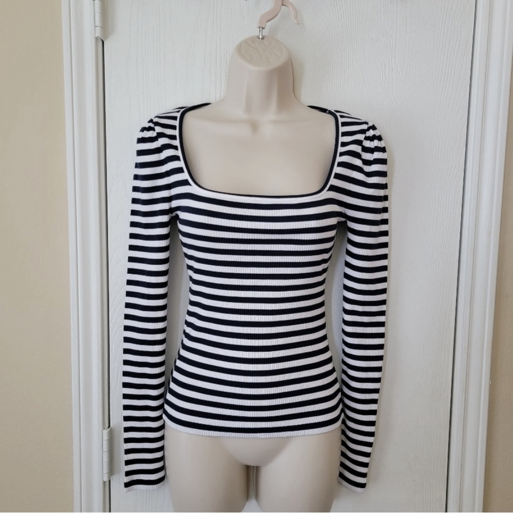 NWT J Crew Ribbed Plus Cotton Square Neck Top Navy/White Stripe 3X